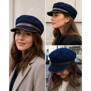 Sterkowski Wool Newsboy Cap Navy Blue Baker Boy Hat Leather Trim Poland 20.5”